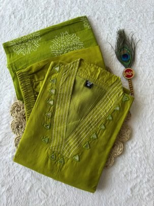 Pure Cotton Parrot Green Embroidered Suit Set with Real Mirror Work