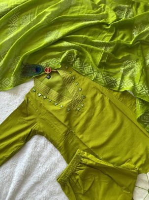 Pure Cotton Parrot Green Embroidered Suit Set with Real Mirror Work