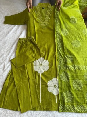 Pure Cotton Parrot Green Embroidered Suit Set with Real Mirror Work