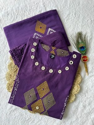 Pure Cotton Purple Suit Set with Real Mirror Hand Work   Mul Cotton Dupatta