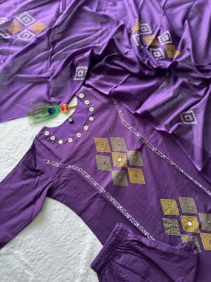 Pure Cotton Purple Suit Set with Real Mirror Hand Work   Mul Cotton Dupatta