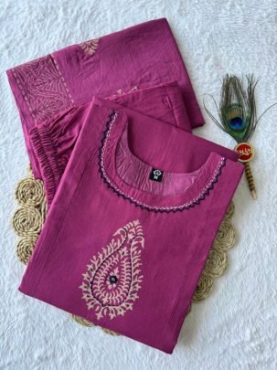 Pure Cotton Rouge Hand Block Printed Suit Set with Real Mirror Work