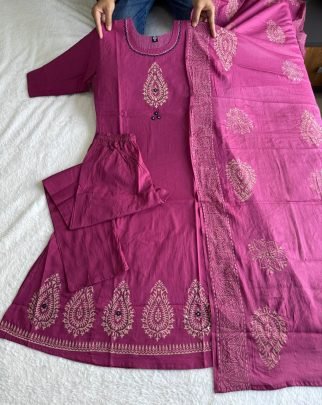 Pure Cotton Rouge Hand Block Printed Suit Set with Real Mirror Work