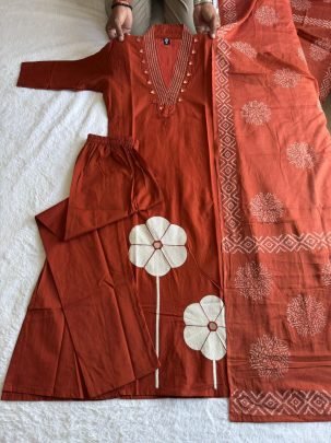 Pure Cotton Rust Embroidered Suit Set with Real Mirror Hand Work & Mul Cotton Dupatta