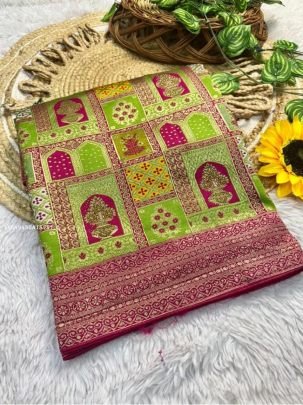 Pure Soft Kolkata Meena Silk Saree with Zari Weaving & Bandhej Blouse