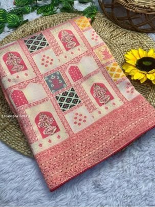 Pure Soft Kolkata Meena Silk Saree with Zari Weaving & Bandhej Blouse