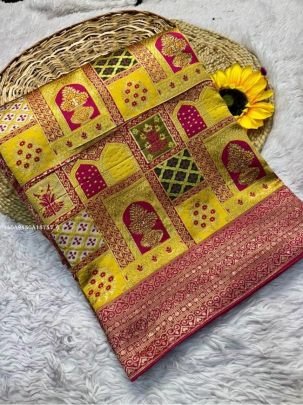 Pure Soft Kolkata Meena Silk Saree with Zari Weaving & Bandhej Blouse