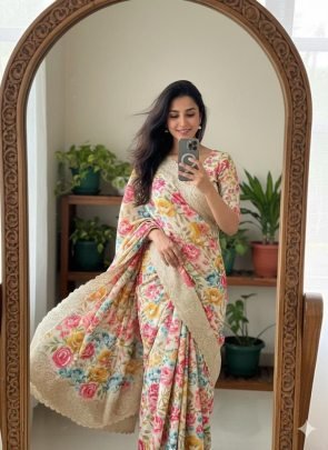 Pure Tussar Silk With Cutwork Border And Floral Pattern