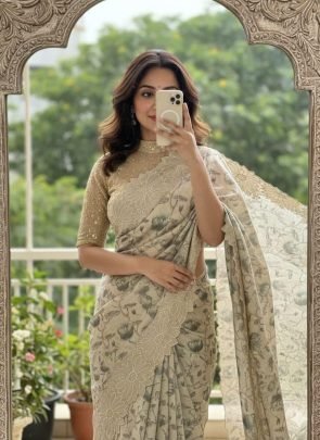 Pure Tussar Silk With Cutwork Border And Floral Pattern