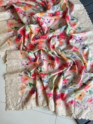 Pure Tussar Silk With Cutwork Border And Floral Pattern