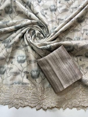 Pure Tussar Silk With Cutwork Border And Floral Pattern