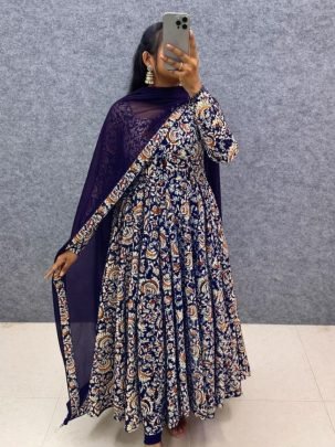 Purple Kalamkari Printed Cotton Anarkali Gown with Georgette Dupatta