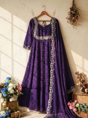 Purple Vichitra Silk Embroidered Gown Set