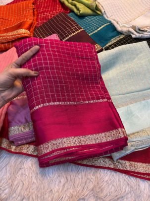 Rani Pink Zari Checks Viscose Saree with Designer Border