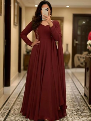 Red Faux Georgette Party Wear Gown Set