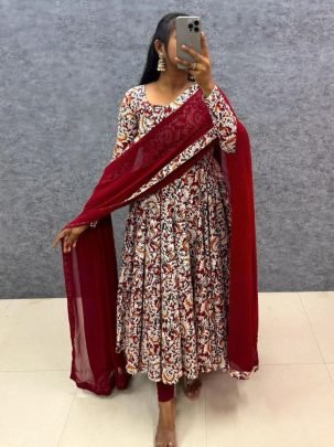 Red Kalamkari Printed Cotton Anarkali Gown with Georgette Dupatta