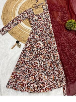 Red Kalamkari Printed Cotton Anarkali Gown with Georgette Dupatta