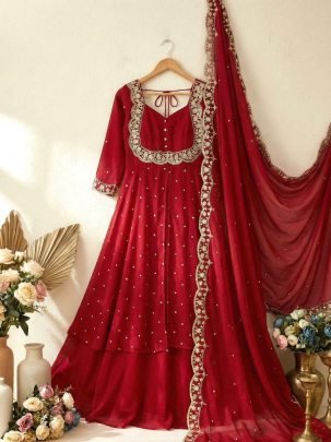 Red Vichitra Silk Embroidered Gown Set