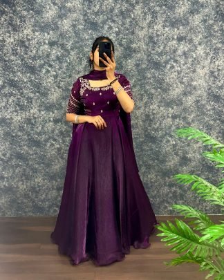 Royal Sequin Embroidered Fendy Satin Gown Set