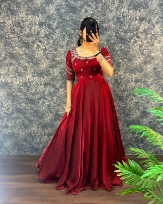 Royal Sequin Embroidered Fendy Satin Gown Set