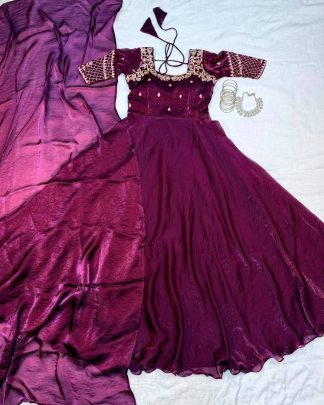 Royal Sequin Embroidered Fendy Satin Gown Set