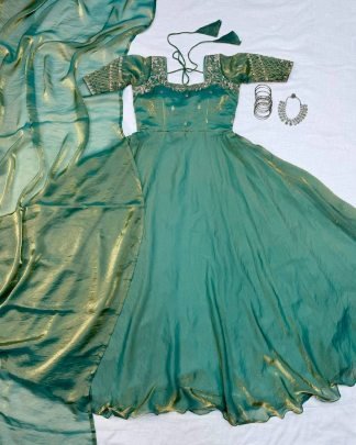 Royal Sequin Embroidered Fendy Satin Gown Set