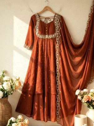 Rust Brown Vichitra Silk Embroidered Gown Set