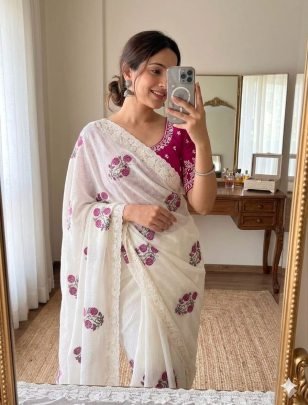 Silk Saree With Multi Embroidery Work