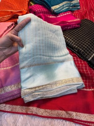Sky Blue Zari Checks Viscose Saree with Designer Border