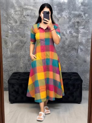 Slub Cotton Pocket Anarkali Dress