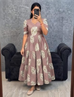Slub Cotton Printed Anarkali Dress