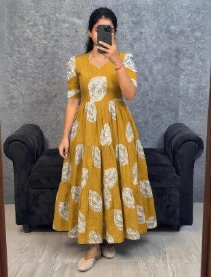 Slub Cotton Printed Anarkali Dress