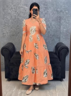 Slub Cotton Printed Anarkali Dress