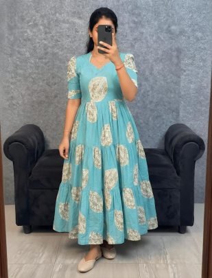 Slub Cotton Printed Anarkali Dress