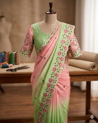 Soft Chinnon Pedding Saree With Heavy Embroidery Work