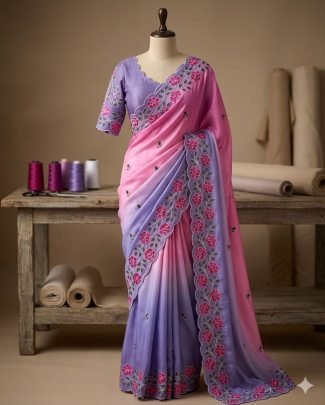 Soft Chinnon Pedding Saree With Heavy Embroidery Work