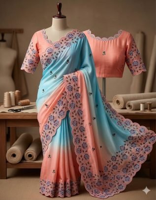 Soft Chinnon Pedding Saree With Heavy Embroidery Work