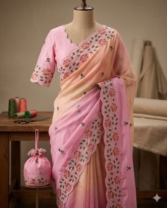Soft Chinnon Pedding Saree With Heavy Embroidery Work