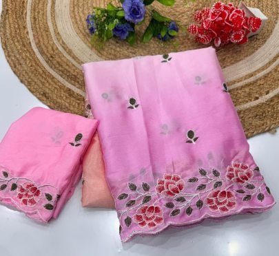 Soft Chinnon Pedding Saree With Heavy Embroidery Work