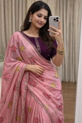  Soft Chinon Silk Saree With Embroidery Work