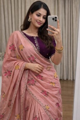  Soft Chinon Silk Saree With Embroidery Work