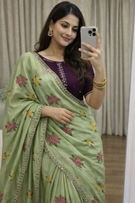  Soft Chinon Silk Saree With Embroidery Work