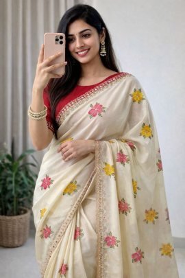  Soft Chinon Silk Saree With Embroidery Work