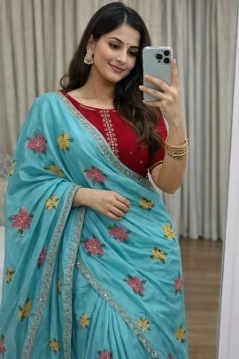  Soft Chinon Silk Saree With Embroidery Work