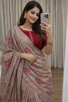 Soft Chinon Silk Saree With Embroidery Work