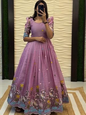 Soft Crush Gown with Pichwai & Bird Embroidery and Sequin Work