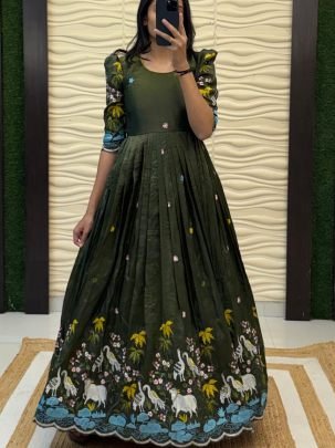 Soft Crush Gown with Pichwai & Bird Embroidery and Sequin Work