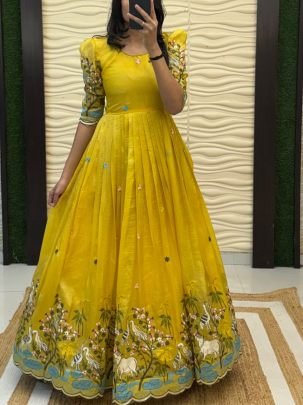 Soft Crush Gown with Pichwai & Bird Embroidery and Sequin Work