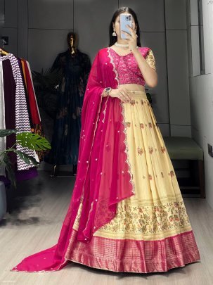 Soft Silk Printed Lehenga Set with Embroidered Dupatta
