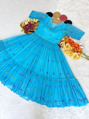 Summer Special Floral Embroidery Kota Checks Midi Gown